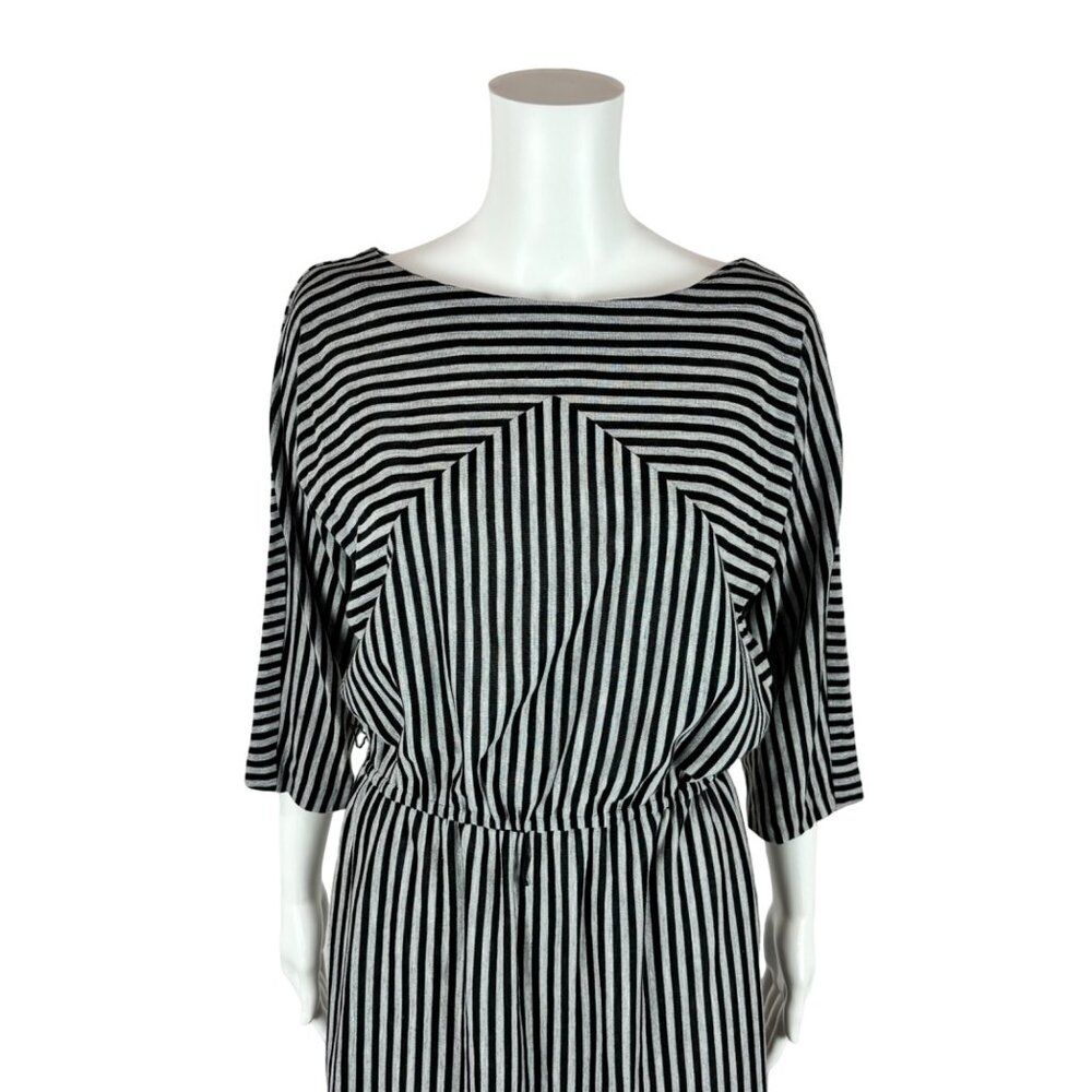 Vintage 80s Striped Dress Women's Medium Black White Slouchy Batwing Sleeves - Picture 5 of 10